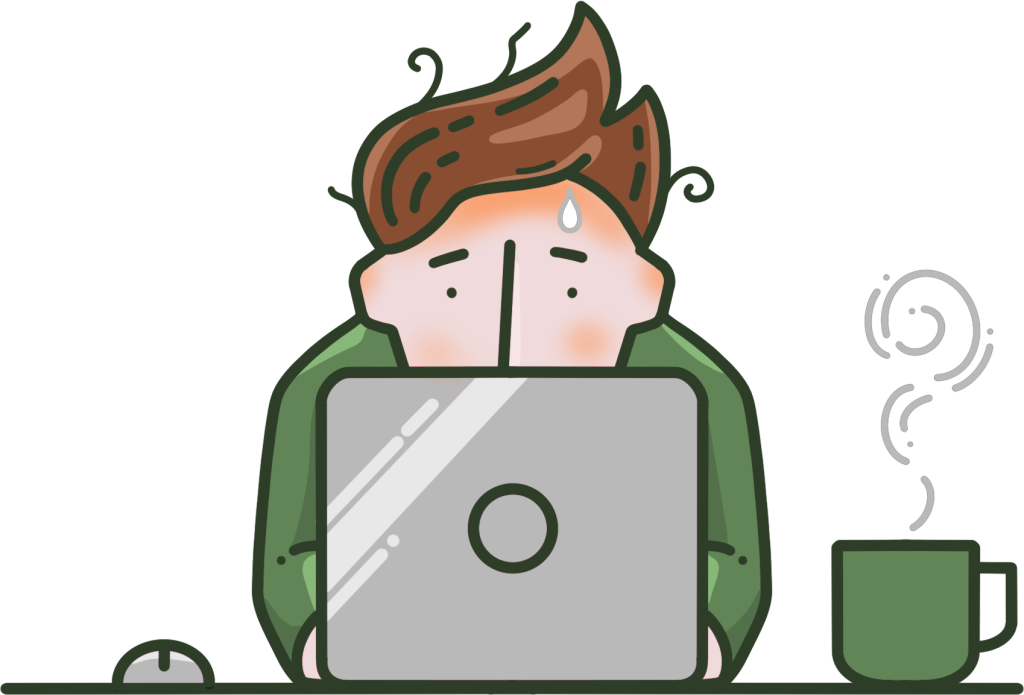 Ilustrace vývojáře, který pracuje na notebooku u stolu s hrnkem kávy